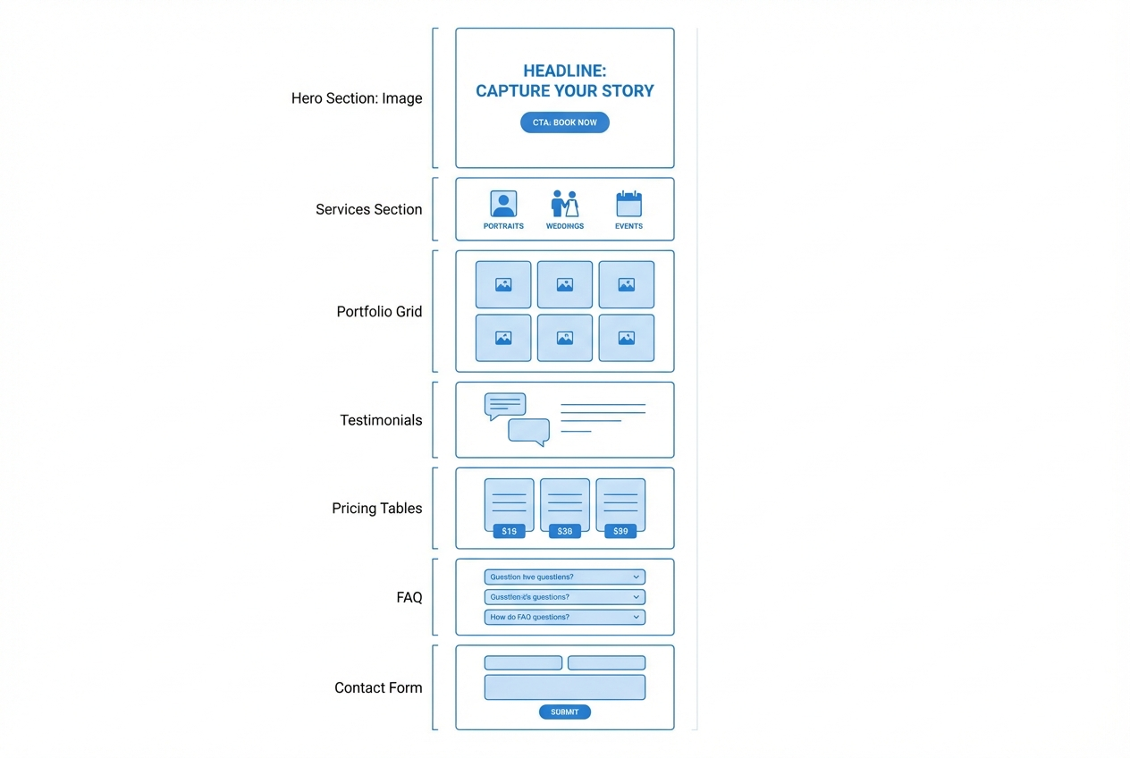 Diagram of a high-converting photographer landing page layout with hero, services, portfolio grid, testimonials, pricing, FAQ, and contact form