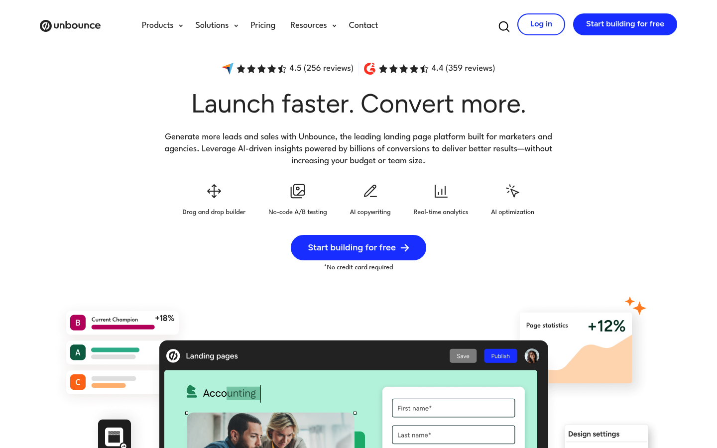 Unbounce homepage showing landing page builder and conversion optimization messaging
