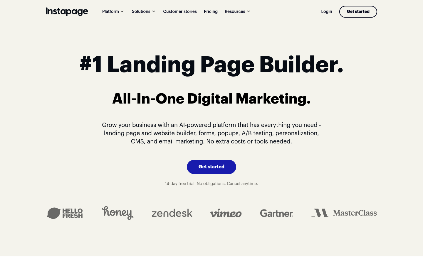 Instapage homepage showing enterprise landing page platform messaging