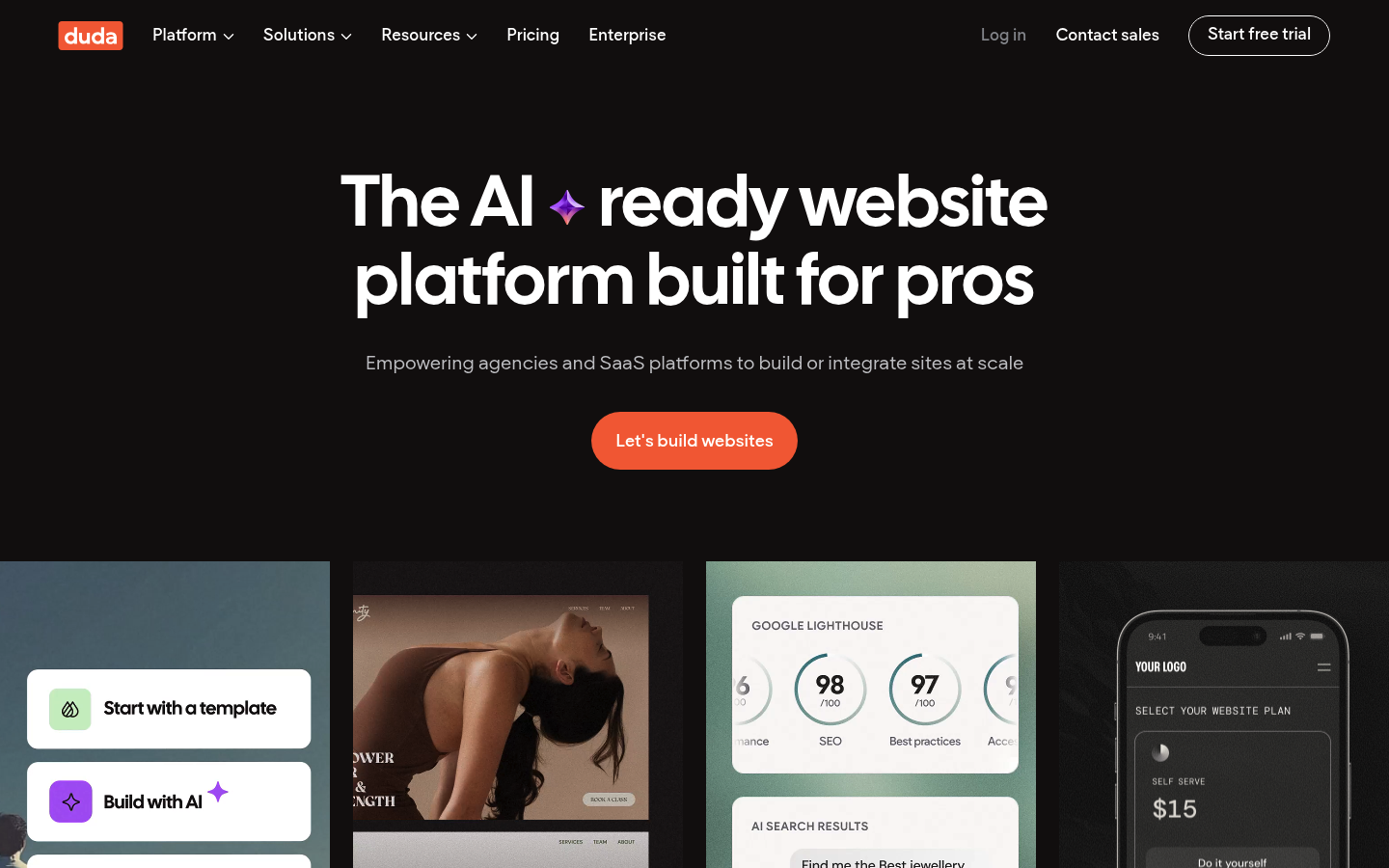 Duda homepage showing website builder for agencies and teams