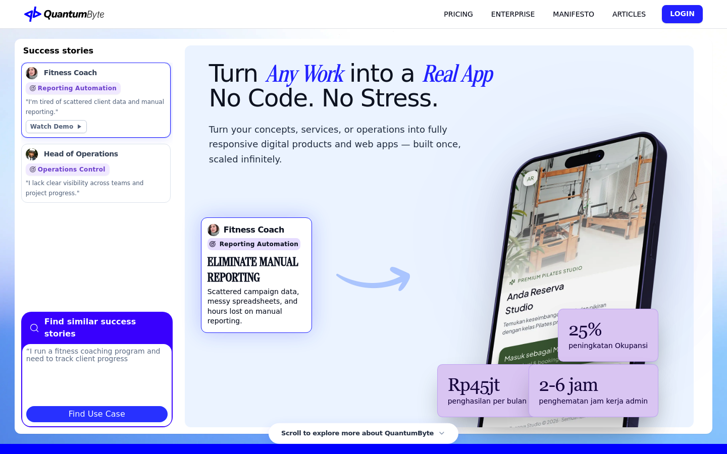 Quantum Byte homepage showing AI app builder positioning and product UI