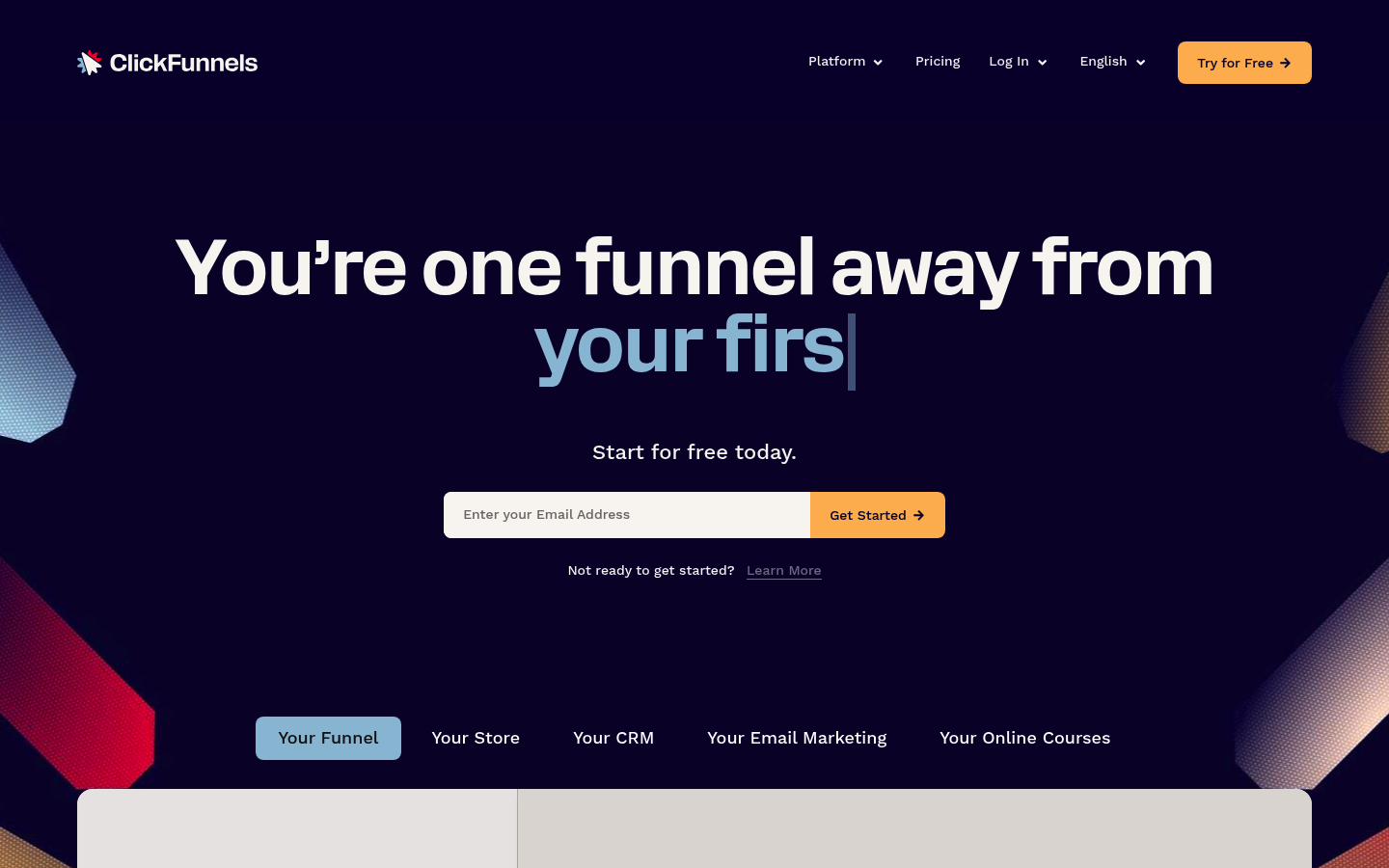 ClickFunnels homepage showing funnel-building platform and sales messaging