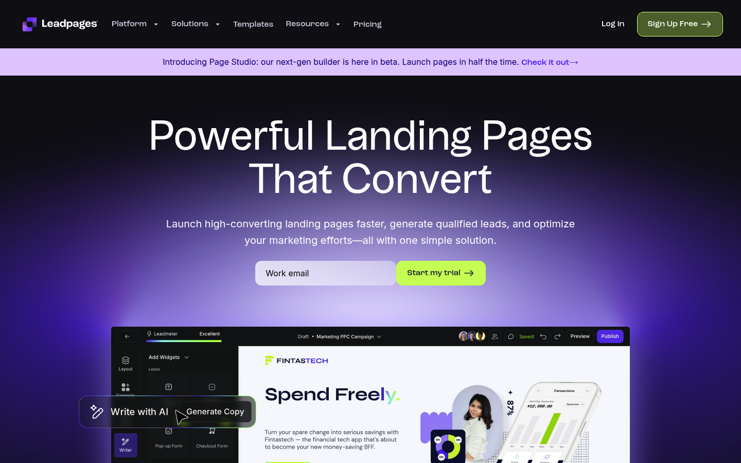 Leadpages homepage showing landing page builder for lead generation