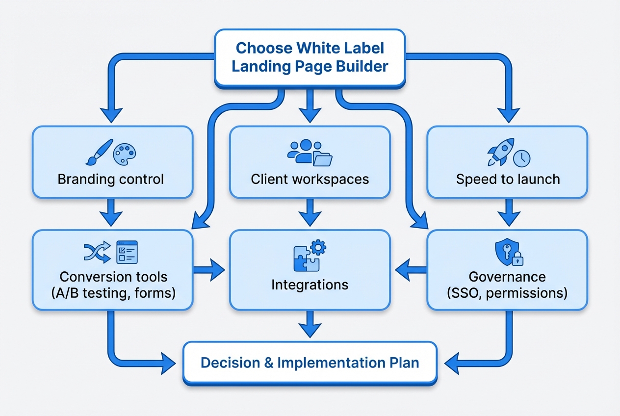 Decision framework diagram for choosing a white label landing page builder across branding, workspaces, speed, conversion tools, integrations, and governance