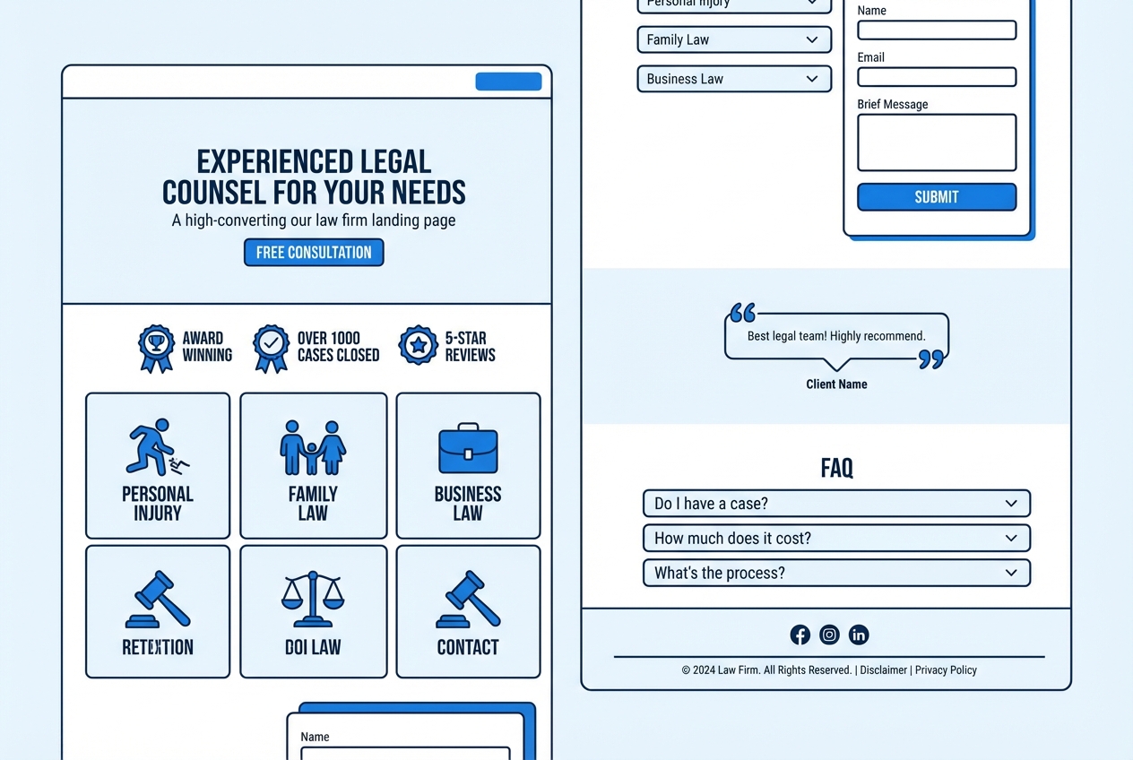 Diagram of a law firm landing page layout showing a hero headline and CTAs, trust badges, practice area fit, short intake form, testimonials, FAQ, and footer disclosures