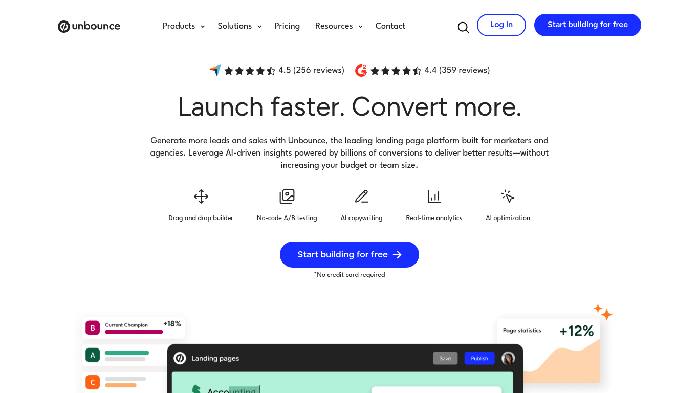 Screenshot of the Unbounce homepage highlighting landing page building and optimization