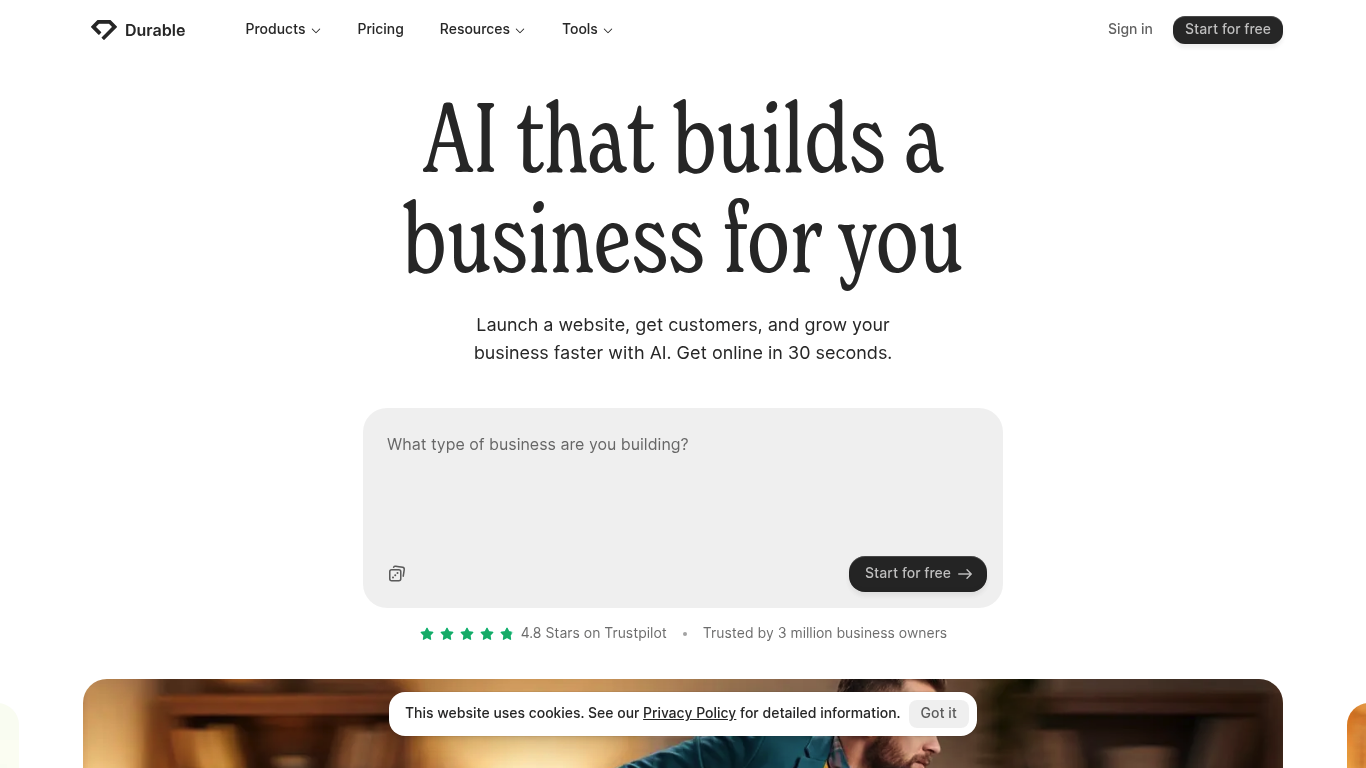 Screenshot of the Durable homepage for AI website generation
