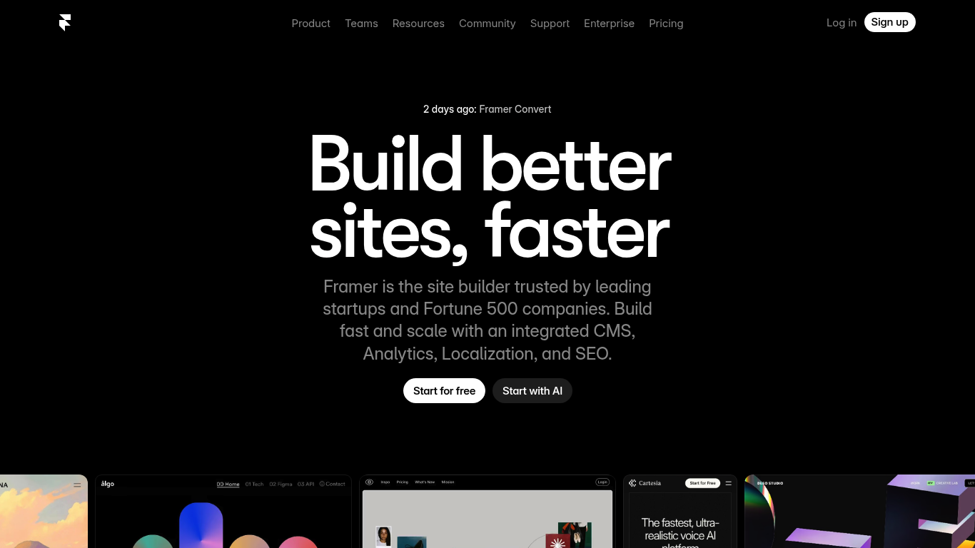 Screenshot of the Framer homepage for designing and publishing sites