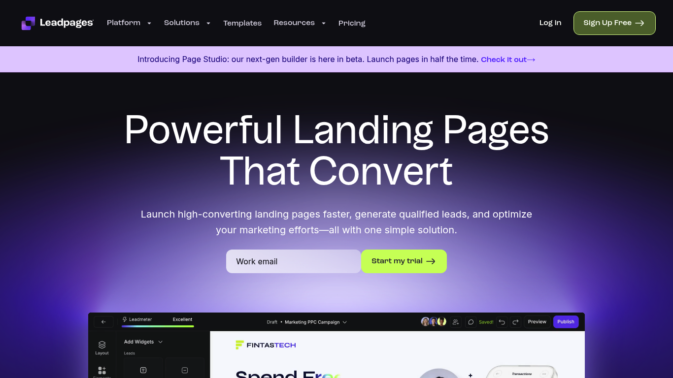 Screenshot of the Leadpages homepage focused on lead generation pages