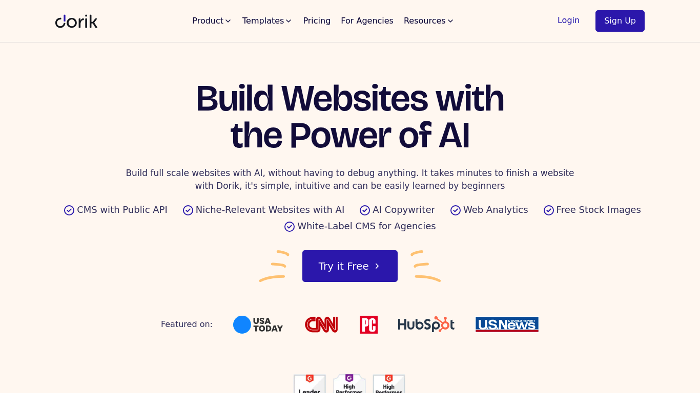 Screenshot of the Dorik homepage for building websites and landing pages