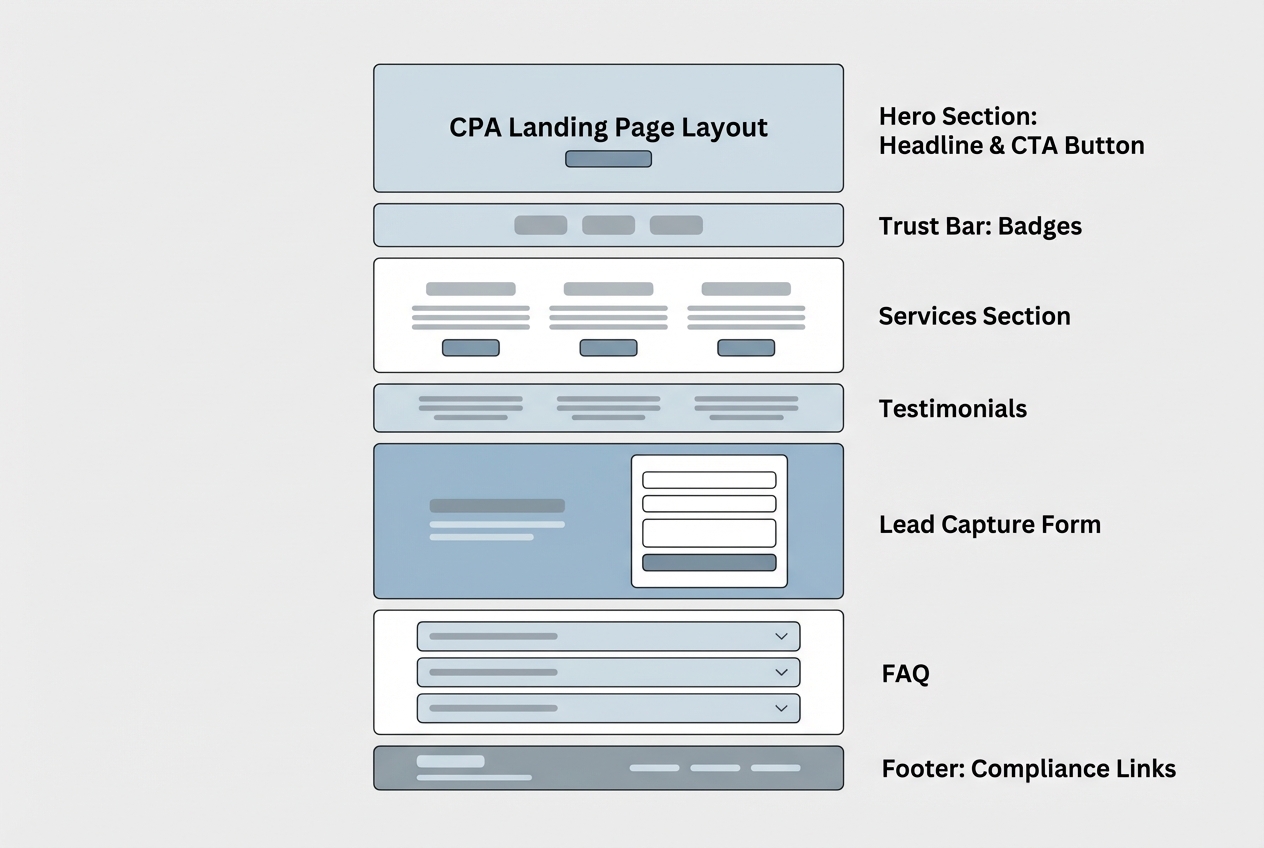 Diagram of a CPA landing page layout showing hero section, trust bar, services, testimonials, lead form, FAQ, and footer compliance links