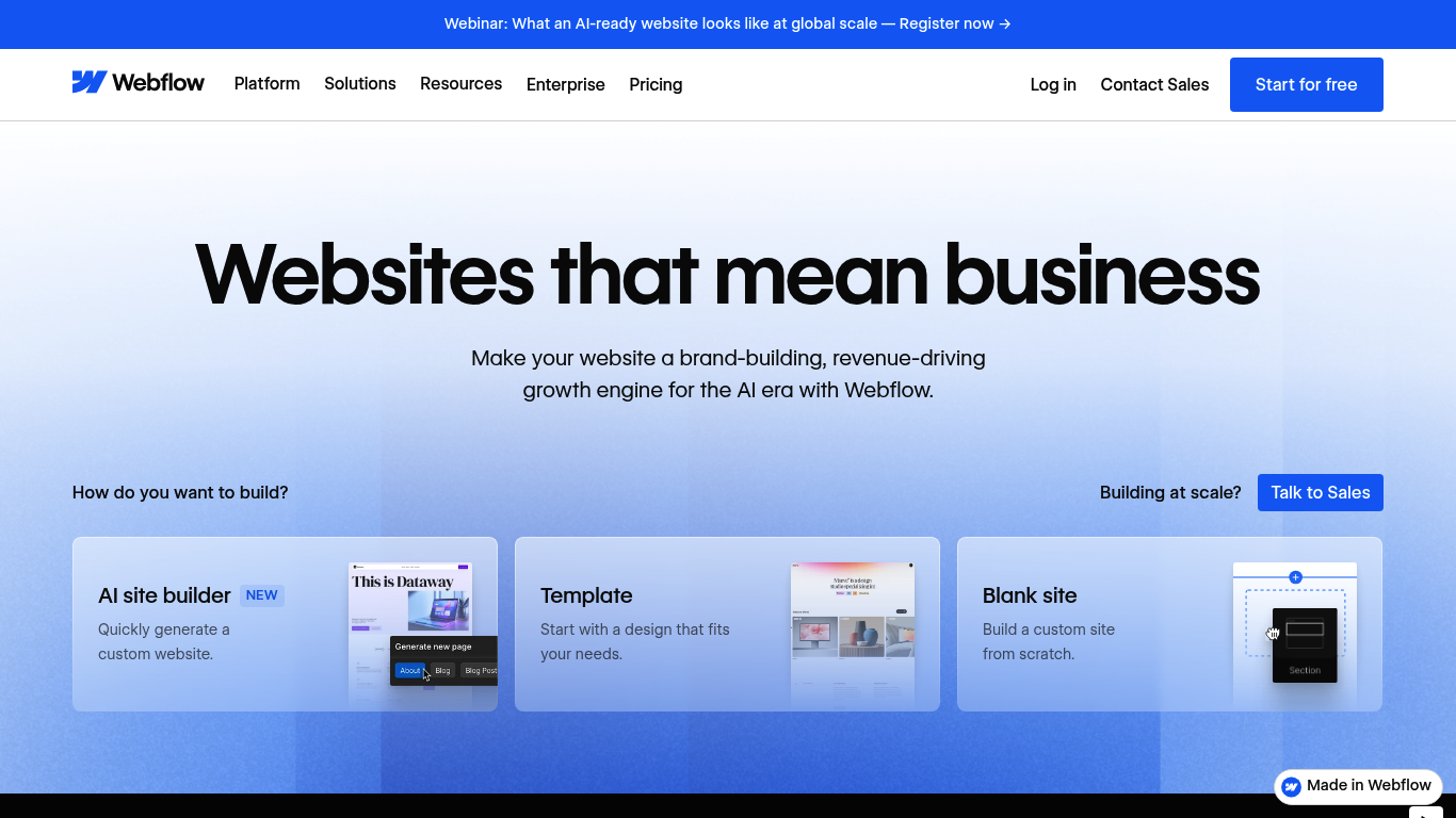 Screenshot of the Webflow homepage for building and managing websites
