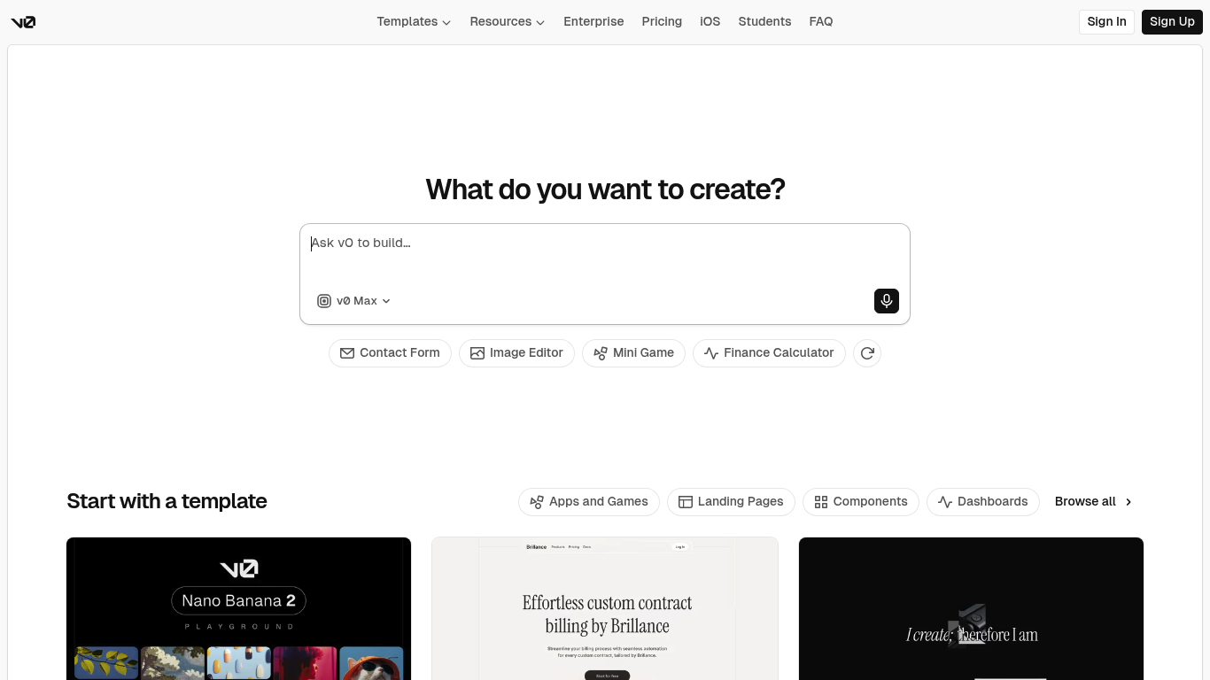 Screenshot of the v0.dev homepage for prompt-to-UI generation