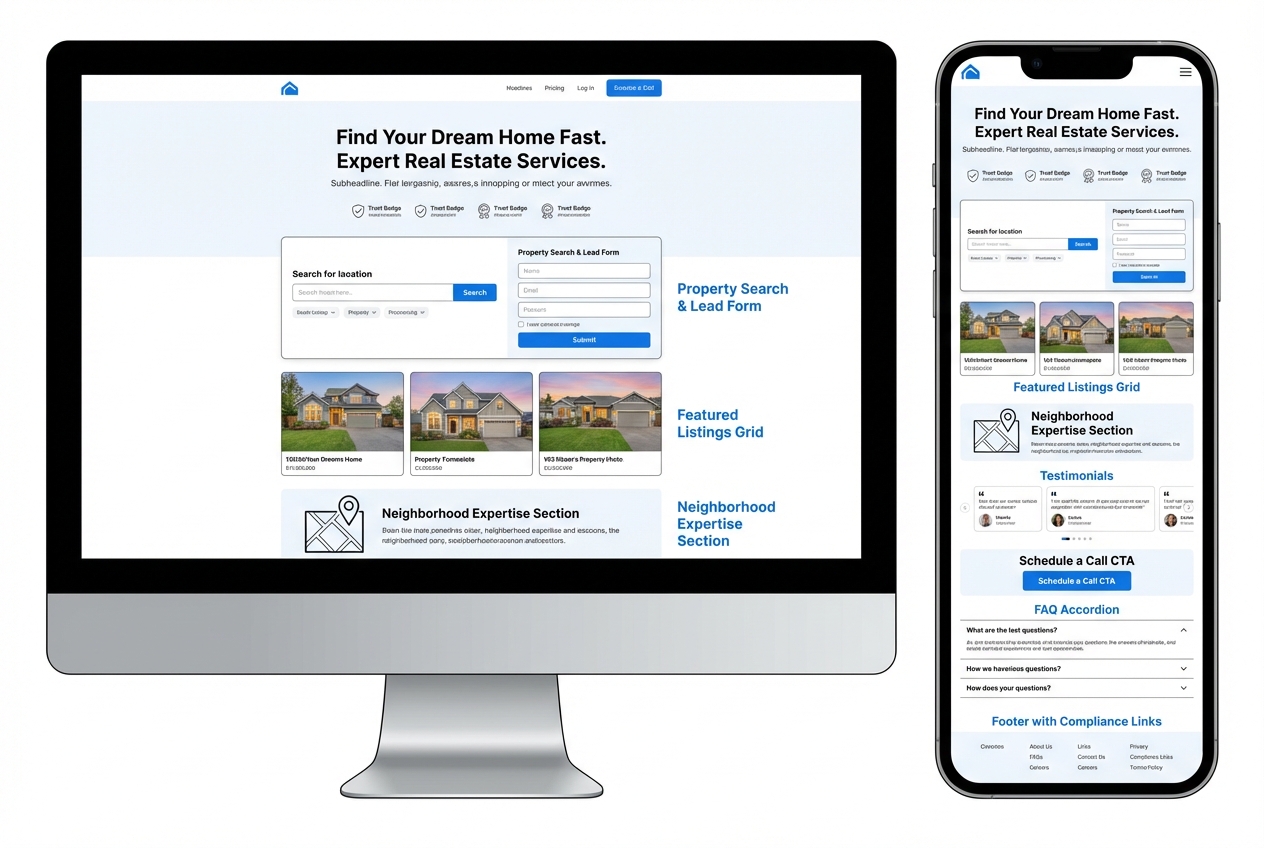 Diagram of a high-converting real estate agent landing page layout on desktop and mobile with labeled sections like hero headline, trust badges, lead form, featured listings, testimonials, CTA, FAQ, and footer compliance links