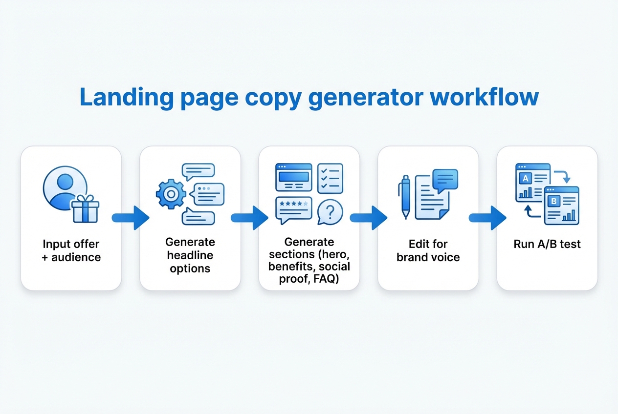 Diagram showing a landing page copy generator workflow from input to A/B testing