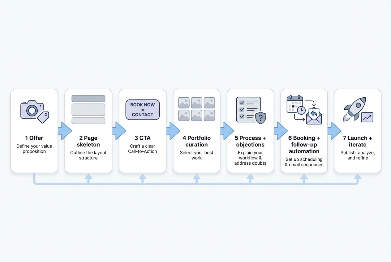 Step-by-step flow diagram for building a photographer landing page from offer to page skeleton, CTA, portfolio curation, process, booking automation, and iteration