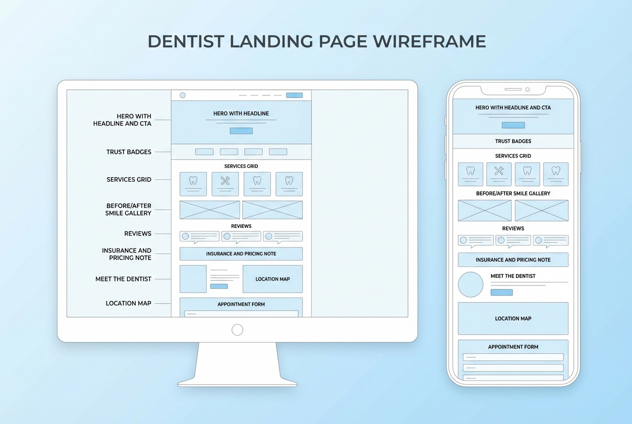 Block layout of a dentist landing page showing hero, trust strip, problem-to-solution, proof, logistics, and booking sections