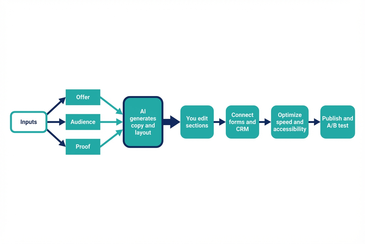 Flowchart of an AI landing page workflow from offer inputs to AI-generated layout, editing, integrations, optimization, and publishing