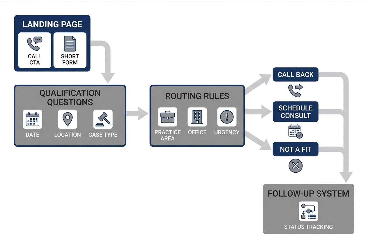 Diagram showing a law firm intake workflow from landing page short form to qualification questions, routing rules, outcomes, and follow-up status tracking