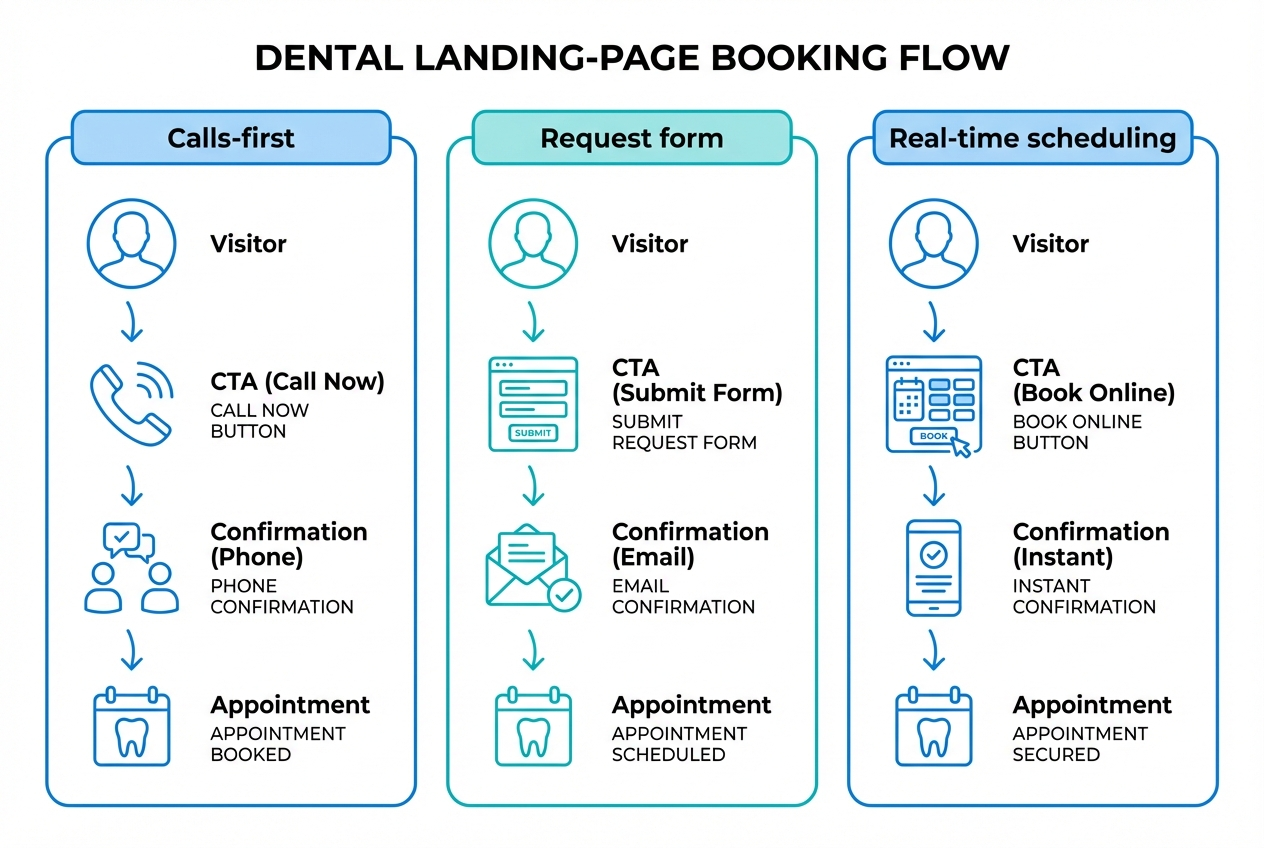 Diagram comparing calls-first, request form, and real-time scheduling booking flows for a dentist landing page