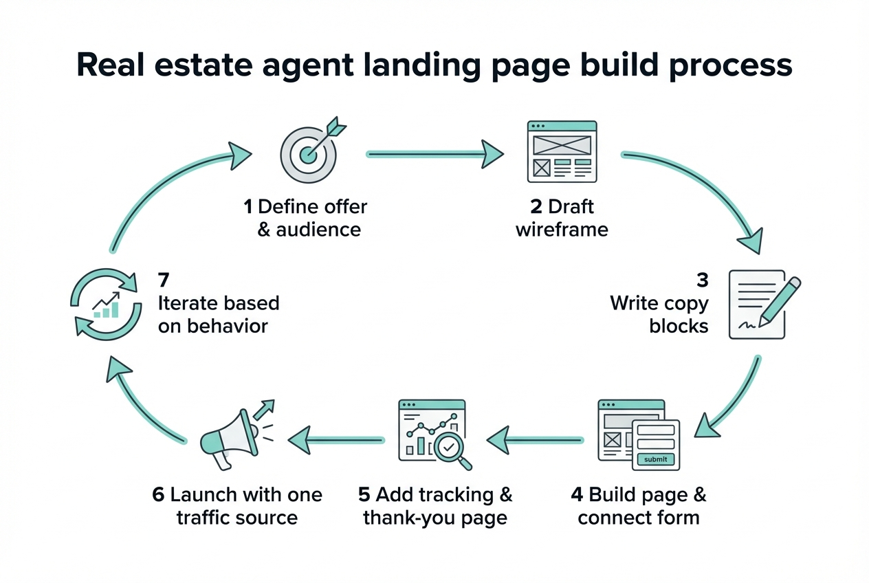 Flow diagram showing the 7-step process to build a real estate agent landing page: define offer, wireframe, write copy blocks, build and connect form, add tracking, launch one traffic source, iterate