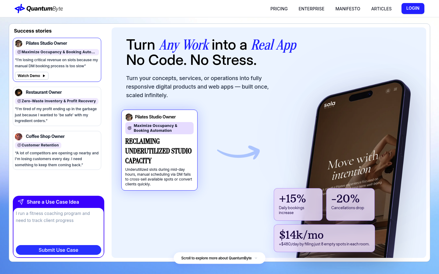 Screenshot of an AI app builder homepage emphasizing building operational apps quickly from prompts.