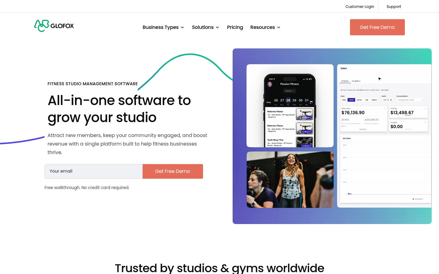 Glofox homepage screenshot showing fitness club management and member app positioning.