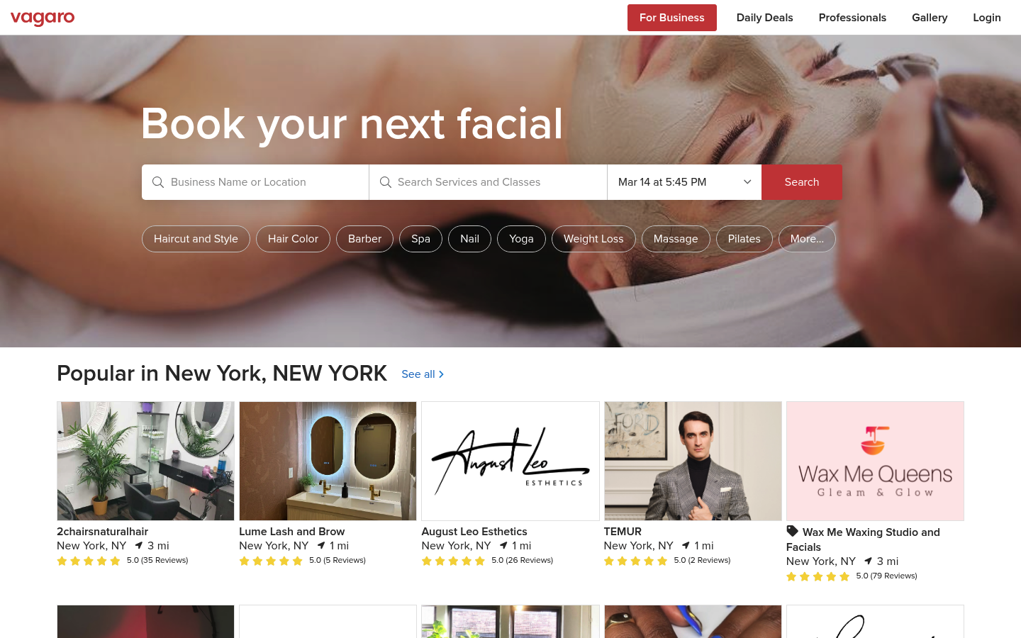Vagaro homepage screenshot showing salon and service business positioning.