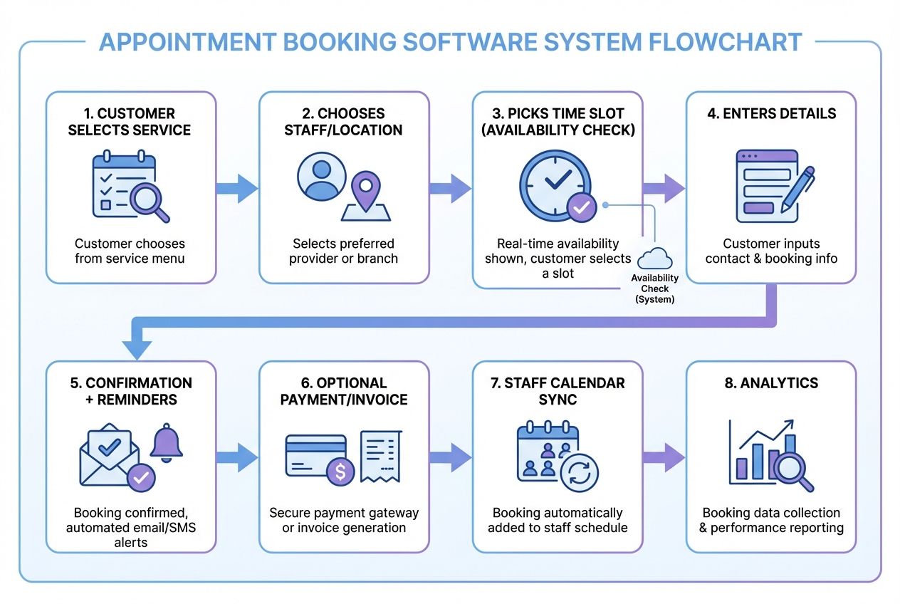 Flowchart of an appointment booking software workflow from service selection to confirmation, reminders, payments, calendar sync, and analytics