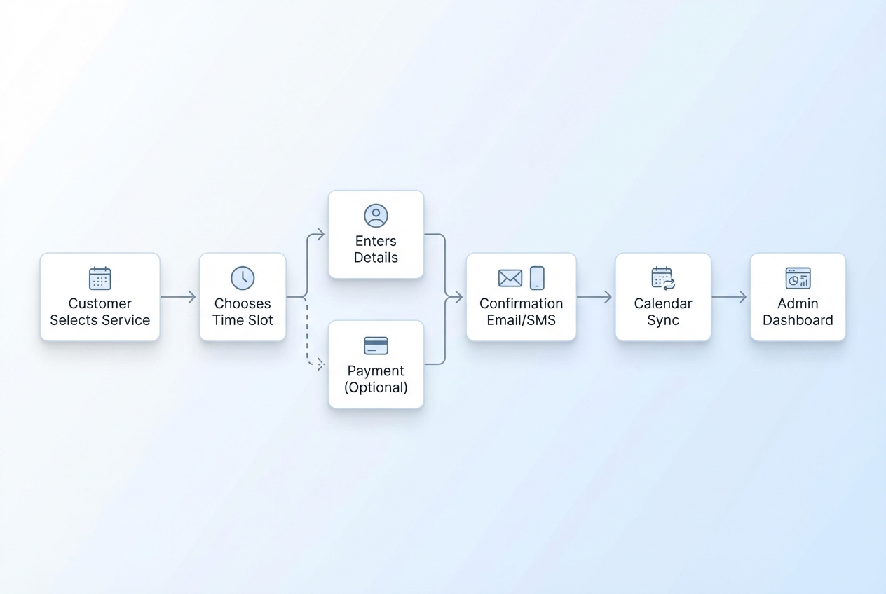 Diagram of a booking app workflow from service selection to time slot, customer details, payment, confirmation, calendar sync, and admin dashboard