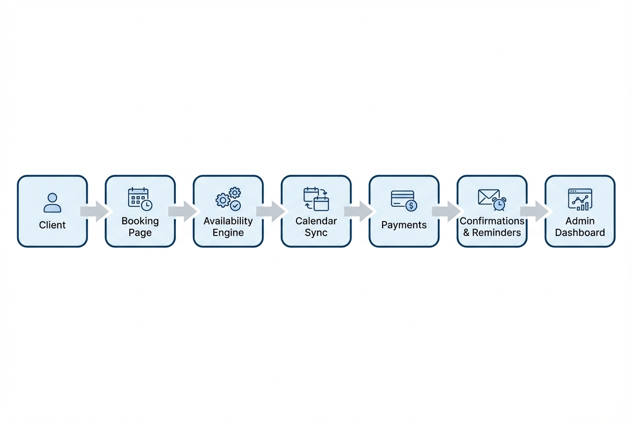 Flow diagram of booking and scheduling software from client booking page through availability, calendar sync, payments, reminders, and admin dashboard