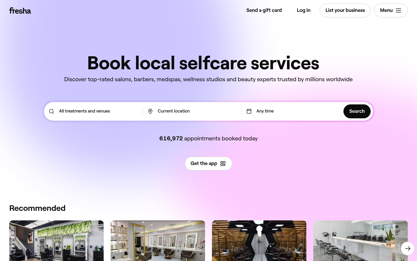 Screenshot of Fresha homepage emphasizing booking platform for salons and spas