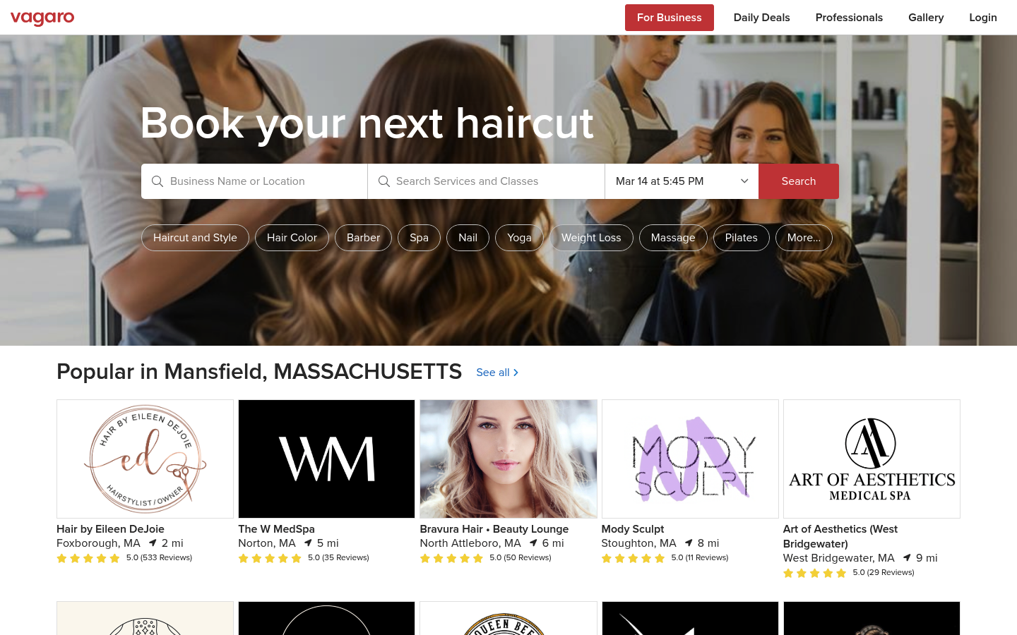 Screenshot of the Vagaro homepage showing business management and booking positioning