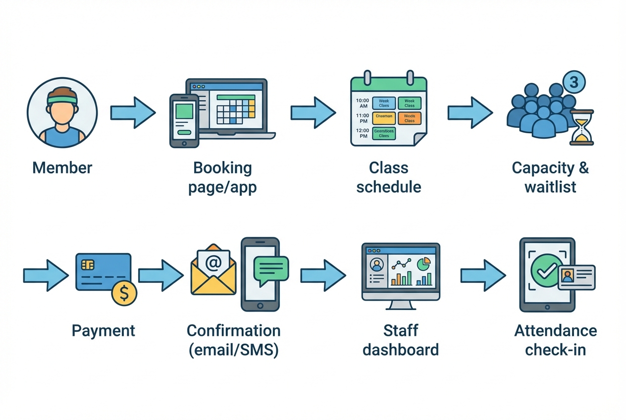 Flow diagram of gym booking software showing member booking, schedule, capacity and waitlist, payment, confirmation, staff dashboard, and check-in