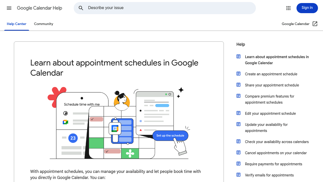 Screenshot of Google Calendar appointment schedules help page
