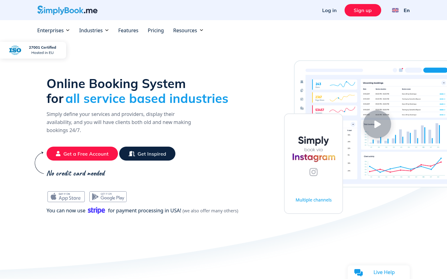 SimplyBook.me homepage screenshot showing online booking system positioning