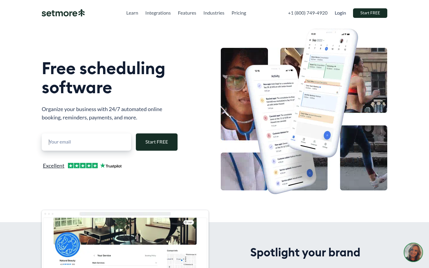 Setmore homepage screenshot showing appointment scheduling and booking page concept