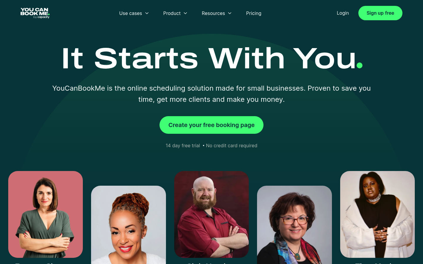 YouCanBookMe homepage screenshot emphasizing scheduling for small business