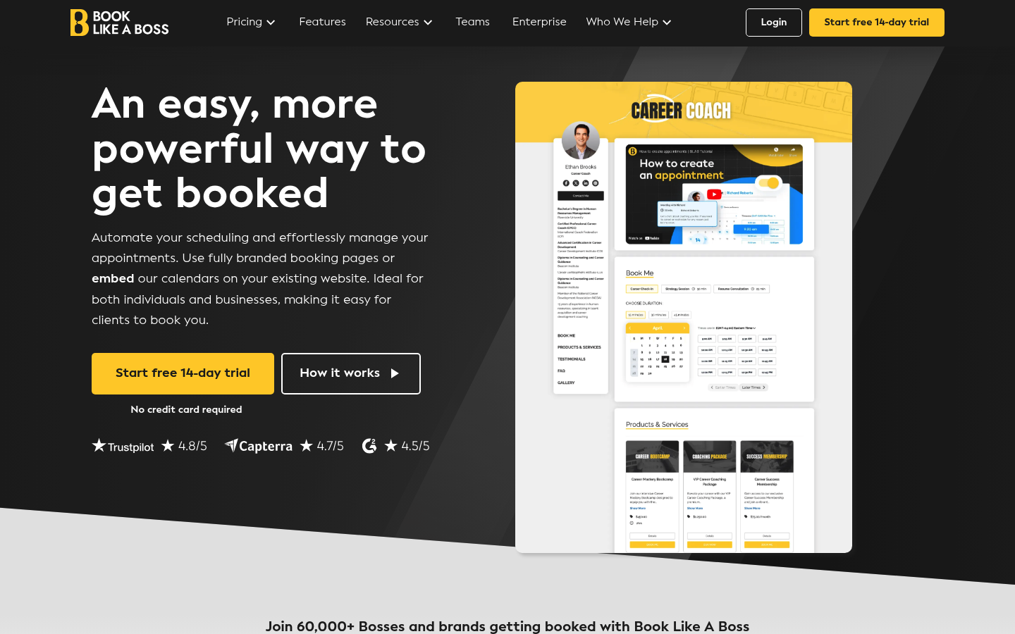 Book Like A Boss homepage screenshot showing booking page builder positioning