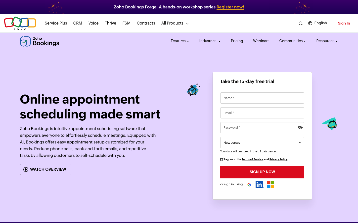Zoho Bookings product page screenshot showing scheduling and integrations messaging