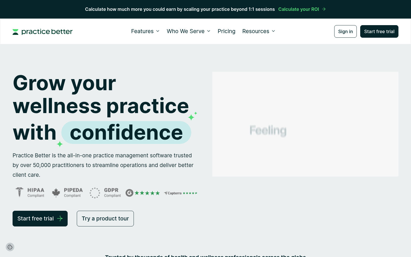 Practice Better homepage screenshot showing practice management and client care positioning