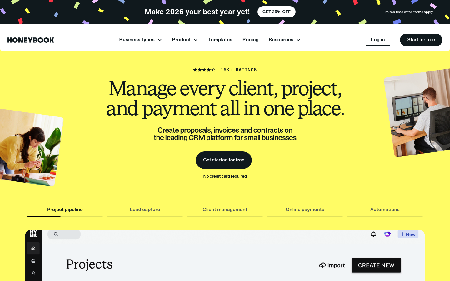 HoneyBook homepage screenshot highlighting client relationship platform features