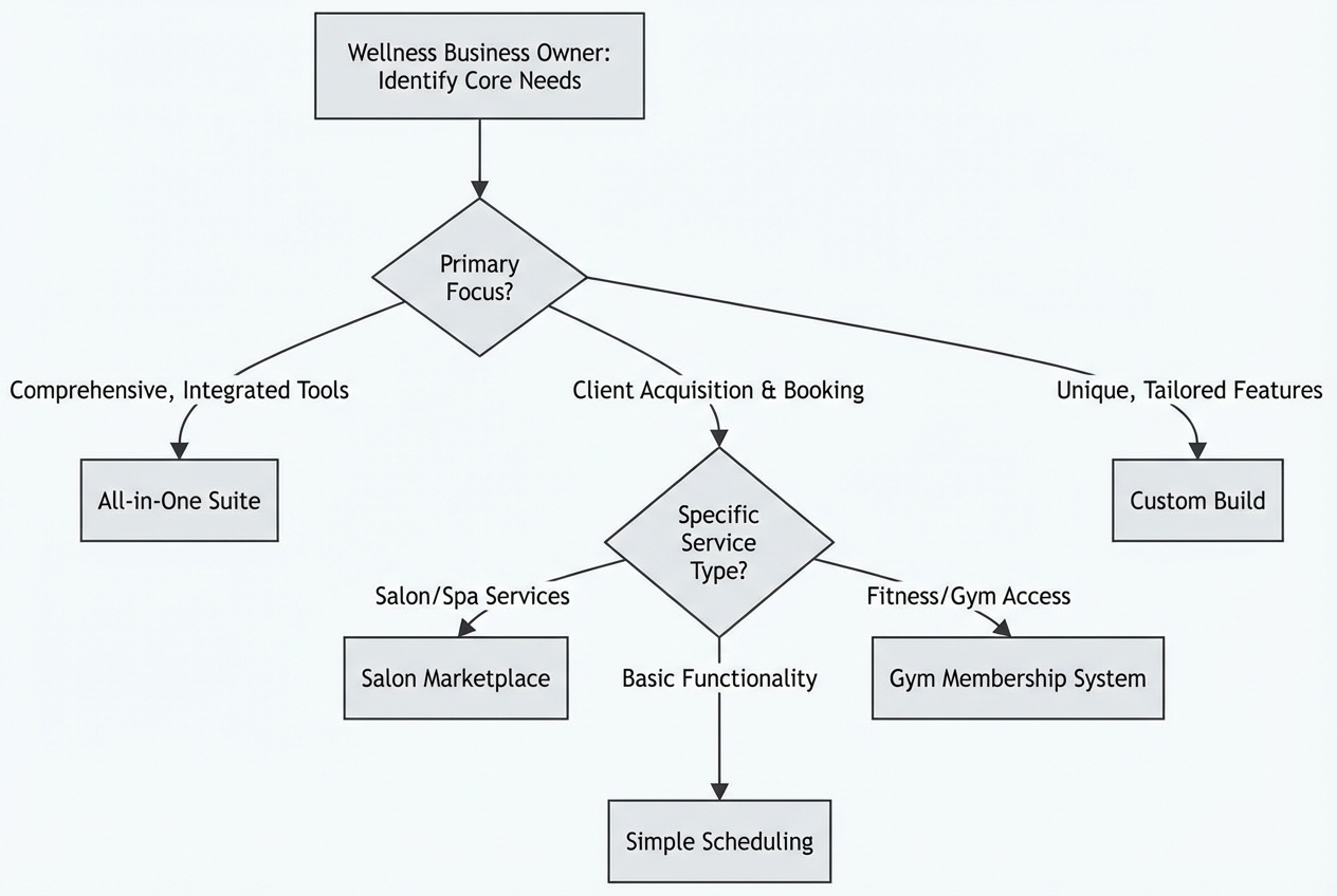 Flowchart showing how to choose a Mindbody alternative based on whether you need an all-in-one suite, salon discovery, gym memberships, simple scheduling, or a custom build.