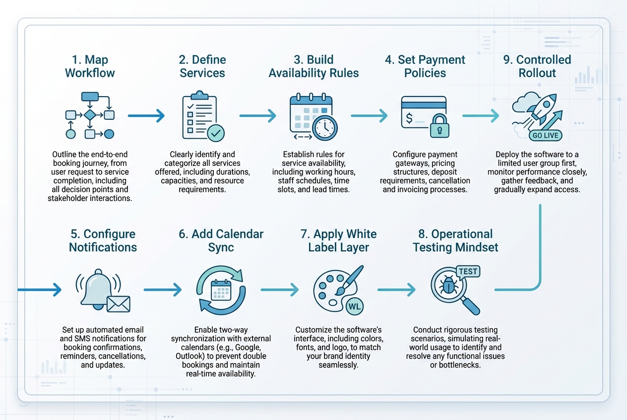 Flowchart infographic showing the 9-step implementation path for white label booking software