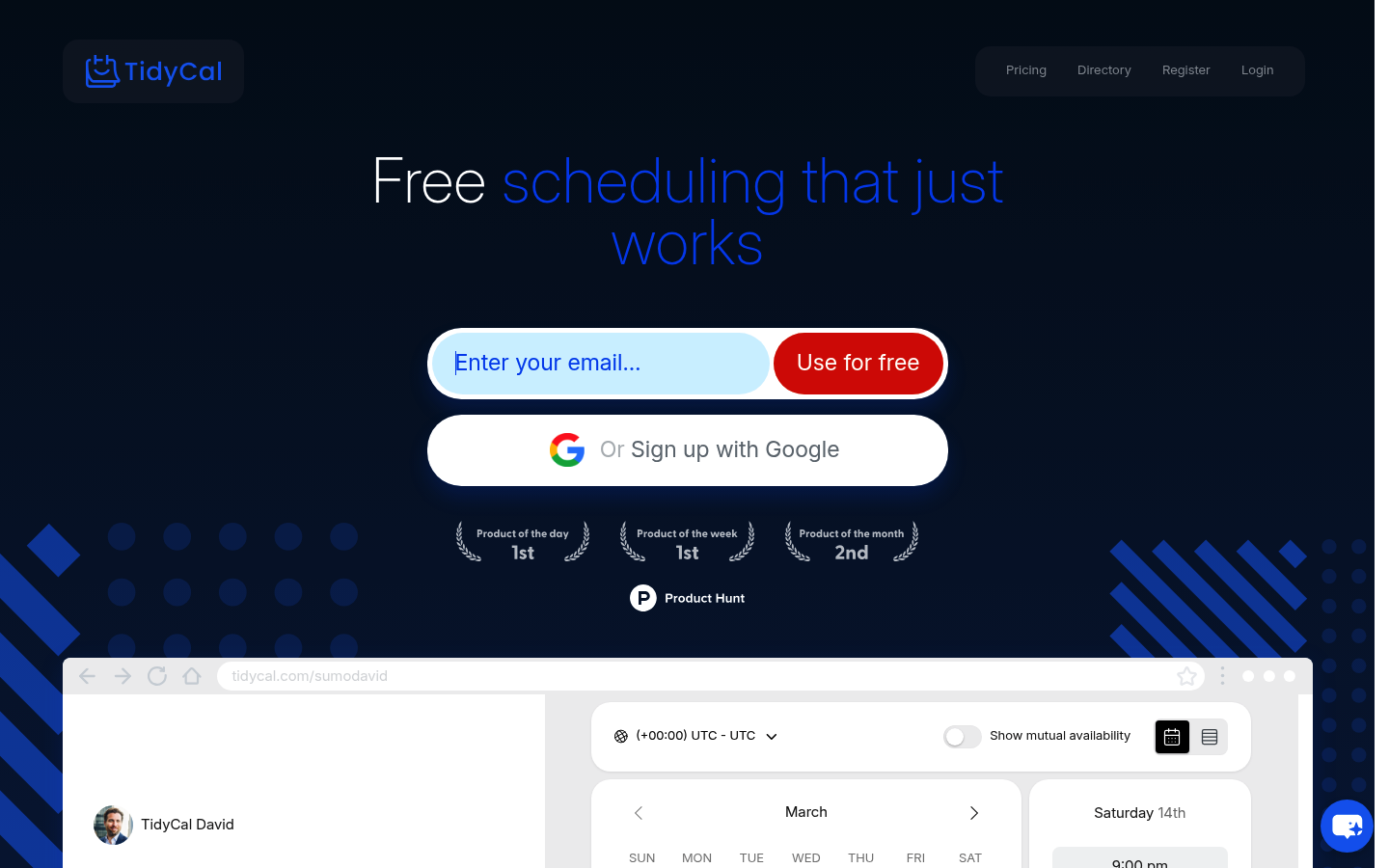 TidyCal homepage screenshot showing simple booking and calendar management messaging