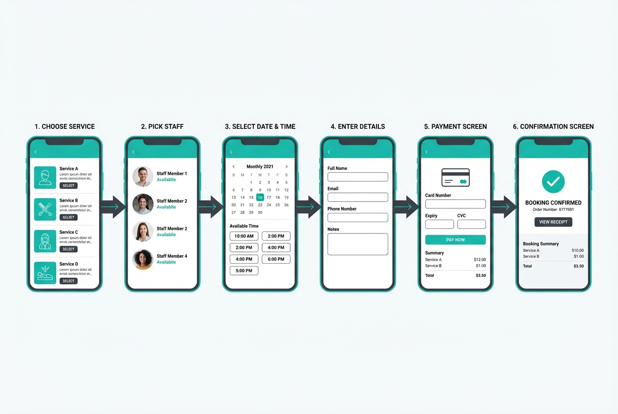 UI diagram showing a six-step customer booking experience: service selection, staff choice, calendar time selection, contact details form, payment screen, and booking confirmation