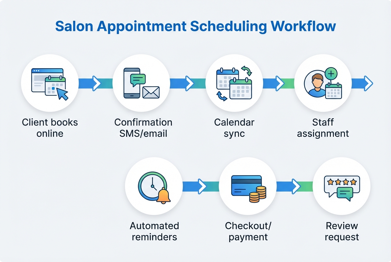 Diagram of a salon scheduling workflow from online booking to confirmations, calendar sync, reminders, payment, and review request
