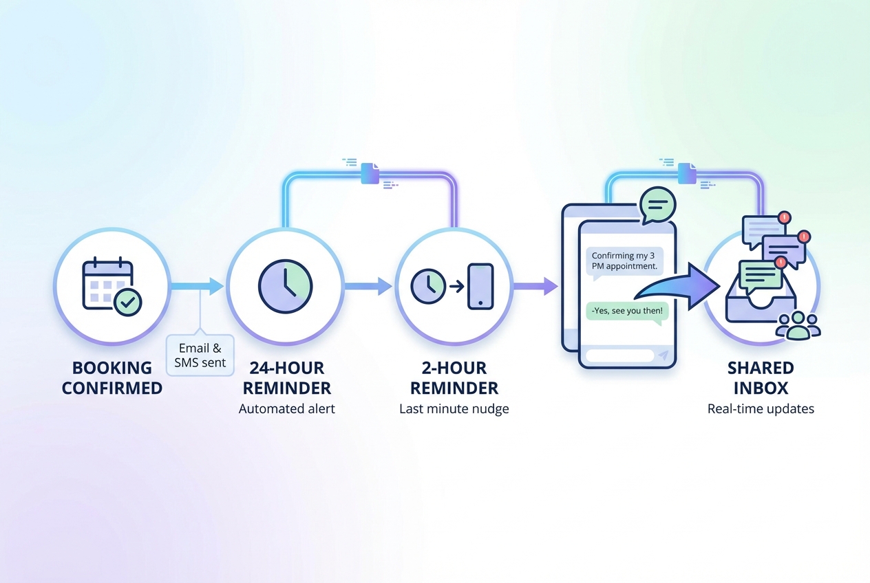 Reminder timeline showing booking confirmation, 24-hour reminder, 2-hour reminder, and replies routed to a shared inbox