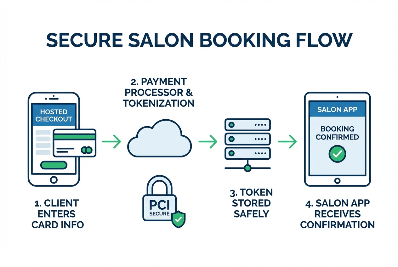 Secure deposit and payment flow showing hosted checkout, tokenization by payment processor, and confirmation sent back to the salon system