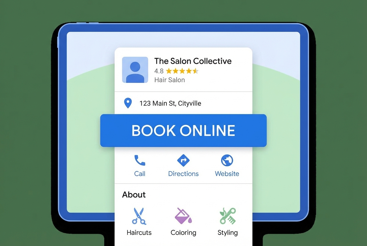 Google Business Profile listing mockup with a visible Book button linking to a salon booking page